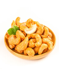 Vietnamese Salt Baked Amber Cashew Nuts - Crispy Fried Crunchy Snack in Wooden Bowl