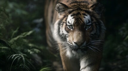 Intense close up of a majestic tiger emerging from dense jungle foliage with a focused gaze embodying wild power