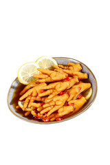 Spicy Marinated Chicken Feet with Lemon and Chili Peppers in Traditional Bowl