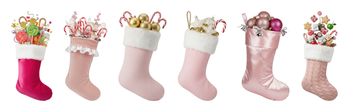 Christmas stocking set including velour, satin, and knit styles filled with candy, ornaments, and gifts isolated. Holiday season decoration collection.