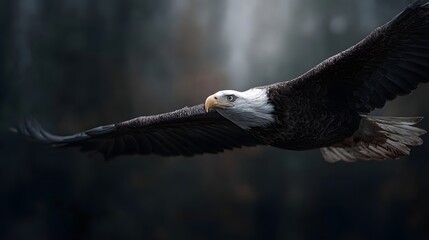 Naklejka premium Majestic bald eagle in mid flight its powerful wings outstretched against a dark atmospheric forest background captured with sharp focus and dramatic