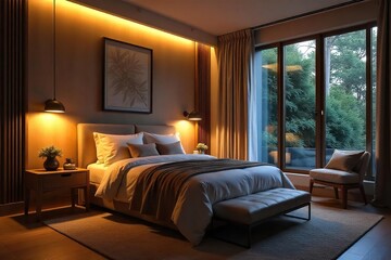 Fototapeta premium Serene Master Bedroom Soft Warm Lighting Creates a Relaxing and Inviting Atmosphere Perfect for Restful Sleep. Subtle Illumination Highlights Textures and Details.