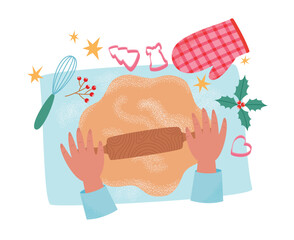 Christmas cooking. Rolling out cookie dough. Making Christmas gingerbread cookies top view. Homemade holiday bakery. Vector illustration in flat style