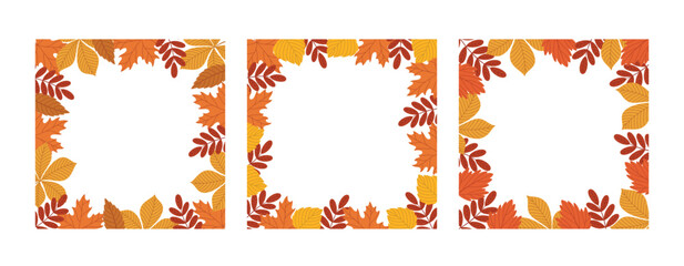 Set of square frames with autumn leaves. Decorative frames for fall seasonal designs. Empty frames for postcards, invitations, social media. Flat style vector illustrations
