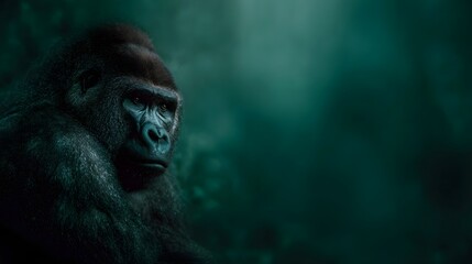 Obraz premium A close up portrait of a powerful gorilla with a thoughtful gaze in a dark misty tropical forest