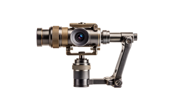 Detailed close-up of a professional gimbal stabilizer for cameras on a clean display