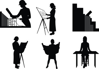 Fototapeta premium Architect engineer silhouettes with hard hats reviewing blueprints, drafting plans, construction teamwork, cityscape design, technical drawing, professional planning illustration vector