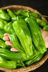 Fresh Green Chili Peppers in Wooden Basket - Asian Cooking Ingredients
