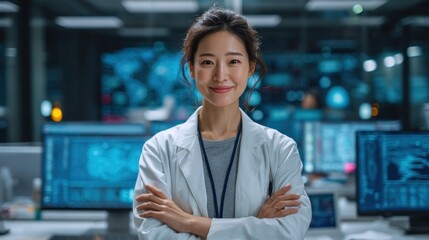 Confident female scientist in a modern laboratory setting, with arms crossed, smiling directly at the camera.