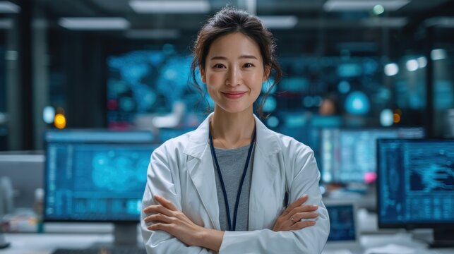 Confident female scientist in a modern laboratory setting, with arms crossed, smiling directly at the camera.