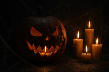 Gruseliges Halloween-Stillleben mit K&uuml;rbislaterne und Kerzen