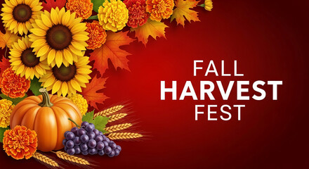 Sunflowers, marigolds, pumpkin, grapes, wheat, and autumn leaves on red background, symbolizing fall harvest, perfect for autumnal designs and harvest festival promotions