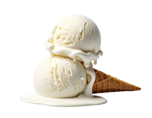 Two scoops of vanilla ice cream melting on a cone