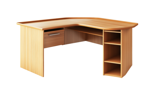 Light wooden corner desk with side shelves
