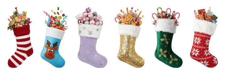 Christmas stockings set including assorted festive designs filled with gifts and candy isolated. Holiday decor collection.