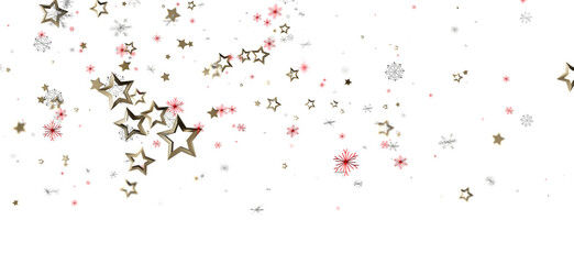 Decorative illustration of gold stars and red snowflakes scattered on white. Suitable for holiday themes, New Year and Christmas celebrations. P