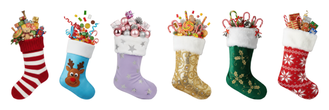 Christmas stockings set including assorted festive designs filled with gifts and candy isolated. Holiday decor collection.