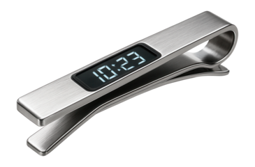 Tie clip featuring a compact flexible display for digital time.