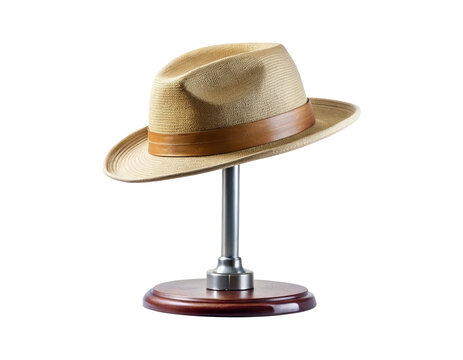 Stylish modern fedora hat displayed on a sleek stand elegant accessory presentation