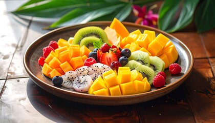 Colorful Fruit Platter Displaying Mango, Kiwi, Dragon Fruit, Berries.