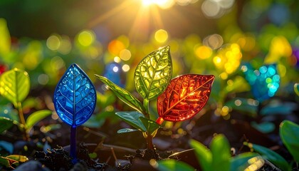 Vibrant Translucent Leaves Illuminated by Golden Sunlight in a Dreamy Garden.