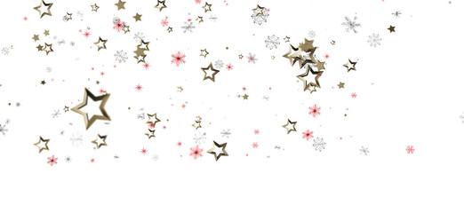 Festive background with shimmering gold stars, snowflakes, and a touch of red on white background. Perfect for holiday designs and winter themes