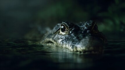 Fototapeta premium Close up of an alligator s head emerging from dark murky swamp water with intense eyes