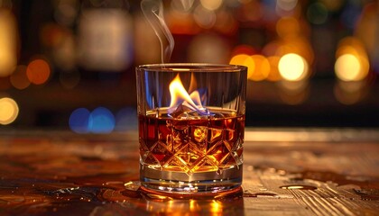 Flaming Whiskey Glass on a Bar Counter with Blurry Background.