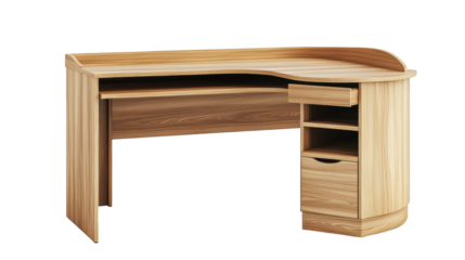 Curved wooden corner office desk with drawers
