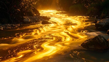 Molten Lava River Flowing Through a Dark Volcanic Landscape at Sunset.