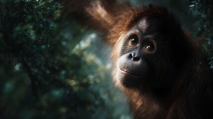 Obraz premium A young orangutan with curious eyes looks out from the dense lush canopy of a vibrant tropical rainforest bathed in natural light
