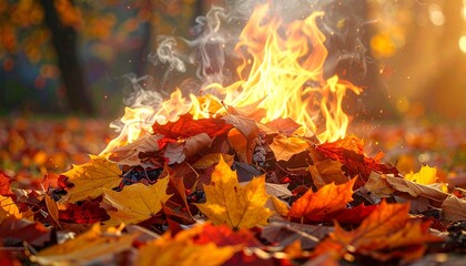Vibrant Autumn Leaves Burning with Golden Flames and Wisps of Smoke.