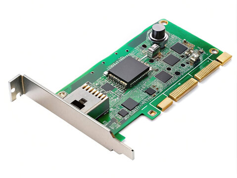 Close-up detail of a network interface card electronic component with connector port