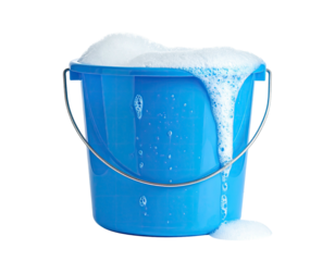 Blue plastic bucket overflowing with suds