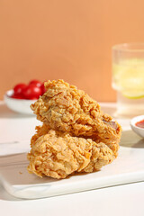 Crispy Fried Chicken Thighs with Cherry Tomatoes on White Serving Board