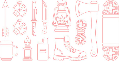 Outlined Hiking Gear Compass, Knife, Lantern, Axe, Rope, Boot, and Other Camping Equipment