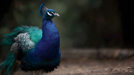 Fototapeta premium A majestic peacock with vibrant blue and green plumage stands elegantly in a natural blurred environment