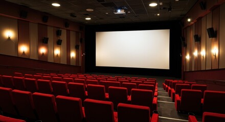 Obraz premium Empty red seats in a dark movie theater facing a blank screen