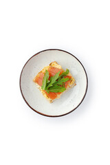 Toast, sandwich, focaccia with salmon and salad