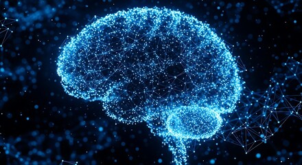 Digital Brain Artificial Intelligence Neural Network Visualization: Abstract Representation of Brain Structure with Interconnected Nodes and Lines Symbolizing Data Processing and Neural Connections