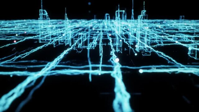 Stylized aerial wide video of a vast, futuristic digital city map with luminous light-blue lines and animated data streams against a deep black void, global digital network infrastructure concept