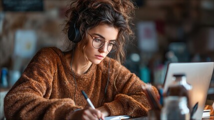 A young woman in a brown sweater, wearing headphones and glasses, intently focuses on her laptop, taking notes in a cafe.