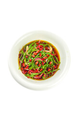 Spicy Chinese Cold Salad with Green Vegetables and Chili Peppers in White Bowl