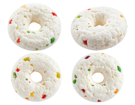 Four frosted, circular, colorful candies