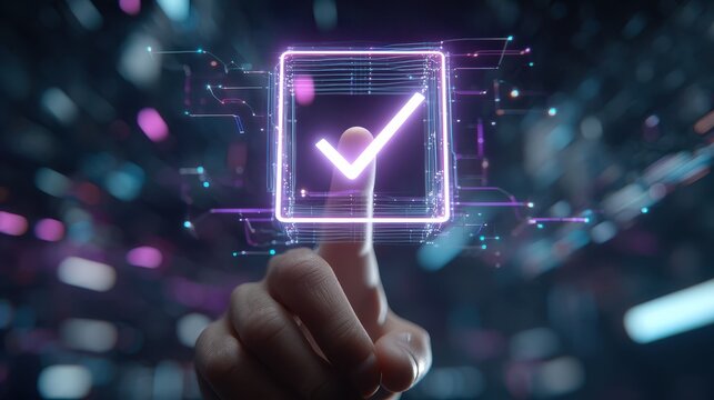 Neon Check Mark Box Pressed by Finger on Circuit Board Technology