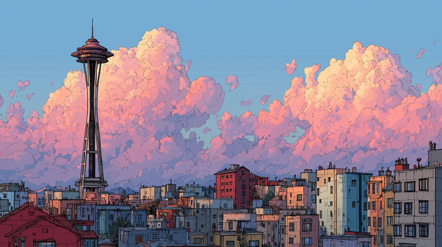 
Seattle Skyline at Sunset &mdash; Space Needle Illustration with Pink Clouds, 2d children book panoramic style
