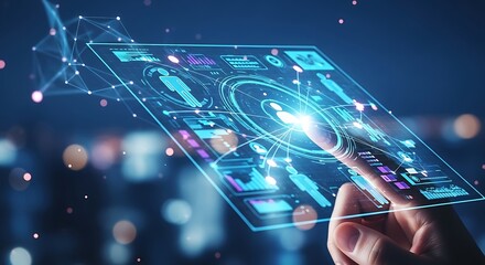 Futuristic hand interacting with digital holographic interface display technology