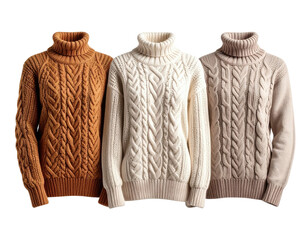 Three cable-knit turtleneck sweaters in varying shades of beige and tan