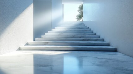 Fototapeta premium Ascending marble steps lead to light, framed by white walls, a glimpse of a tree outdoors