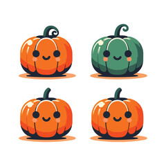 Cartoon Halloween Pumpkins with Happy Faces and Leaf Details Vector Illustration